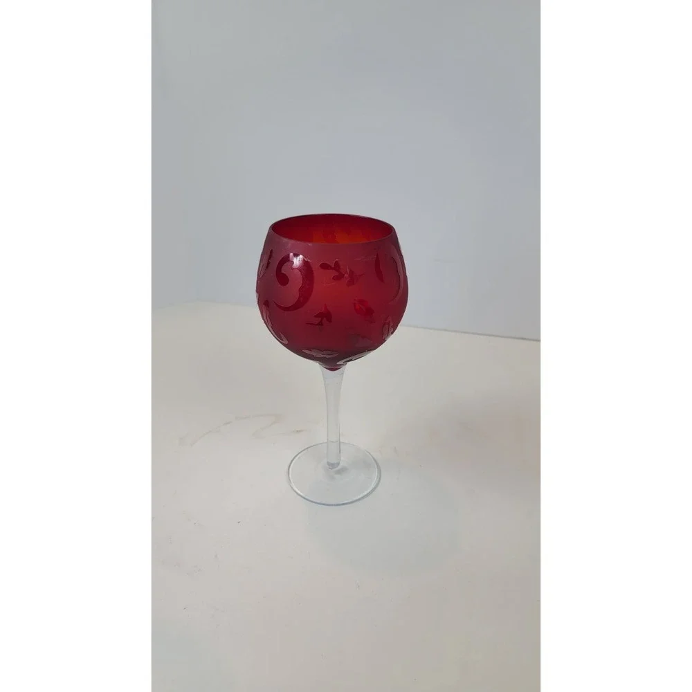 Ruby Red Glass Etched Floral Scrolls Pair of Toasting Balloon Wine Glasses